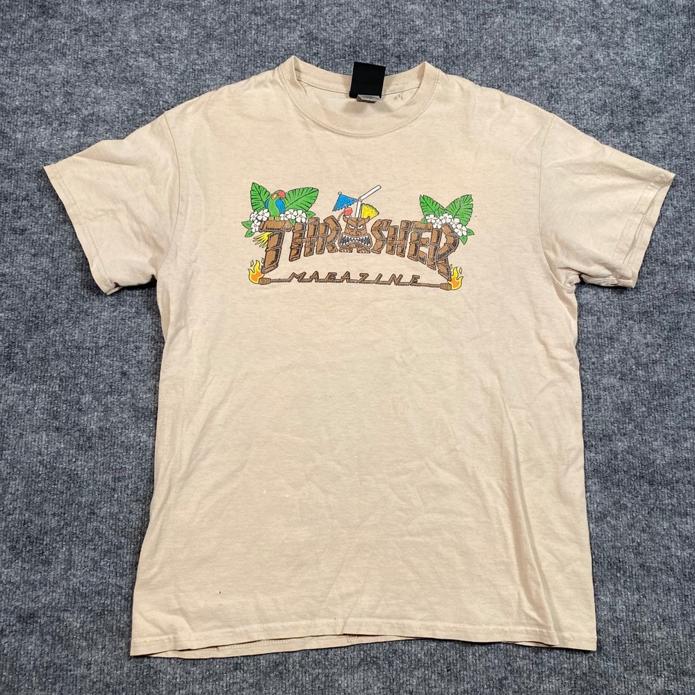Thrasher Magazine Tiki Tropical Graphic T-Shirt Mens Medium Tan‎ Short Sleeve
